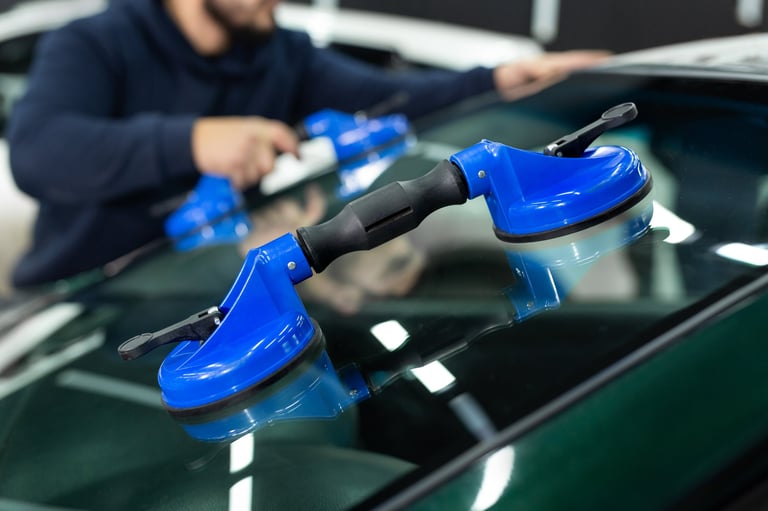 Professional auto glass replacement using precision tools and equipment