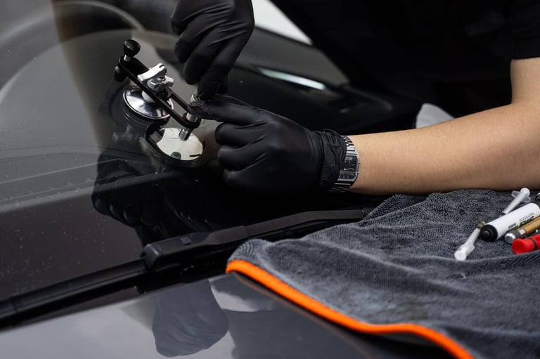 Professional auto glass technician at work
